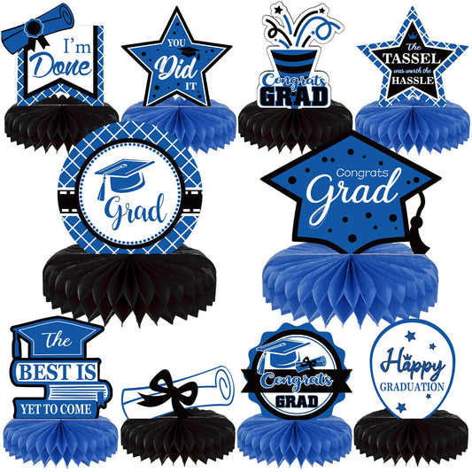 10PCS Class of 2023 Graduation Party Decorations 2023 Congrats Grad Honeycomb Centerpieces Congratulate Graduation Table Toppers for Graduation Party Favor Supplies(Black Blue)