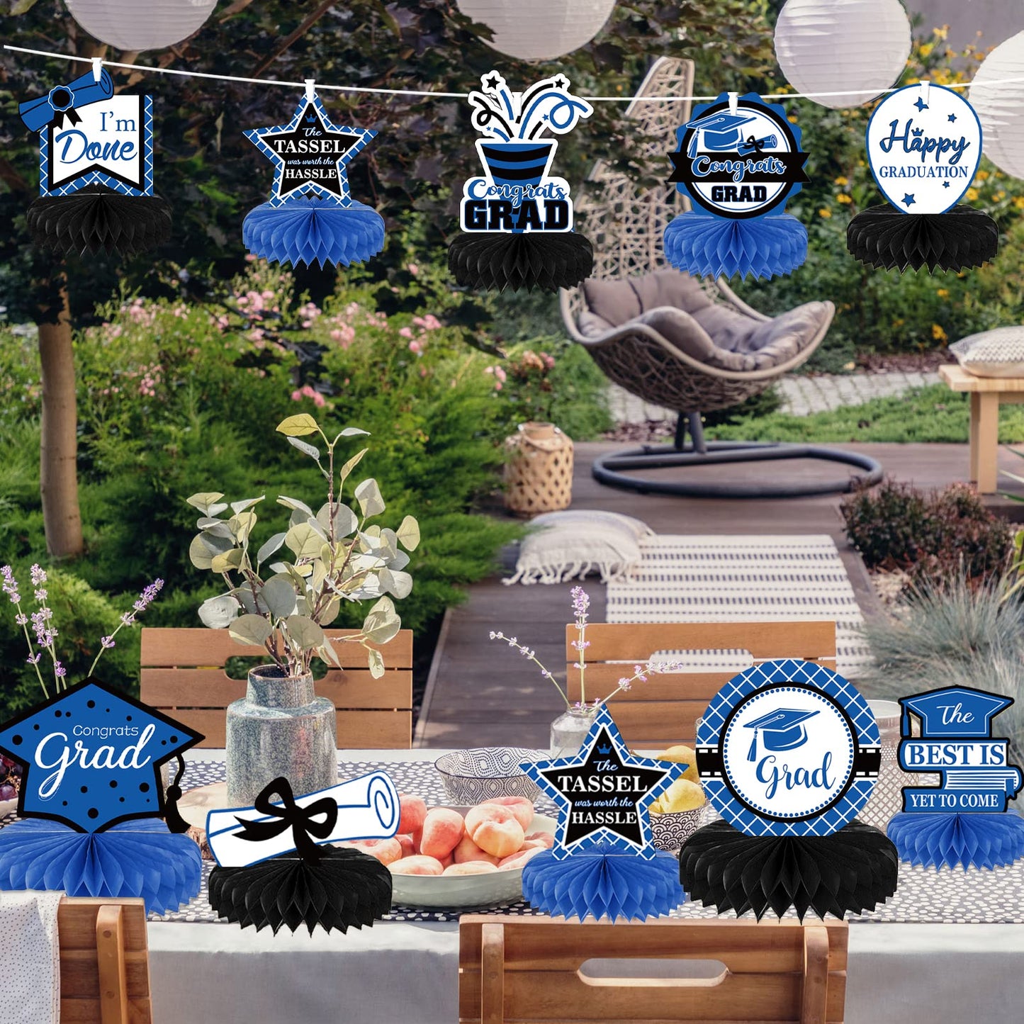 10PCS Class of 2023 Graduation Party Decorations 2023 Congrats Grad Honeycomb Centerpieces Congratulate Graduation Table Toppers for Graduation Party Favor Supplies(Black Blue)