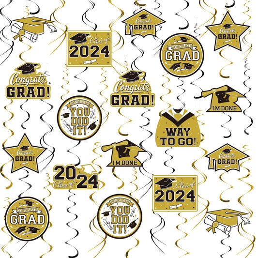 31 PiecesGraduation Decorations Class of 2024, Graduation Hanging Swirl Congrats Grad and Graduation Party Decorations(Glod, Black)