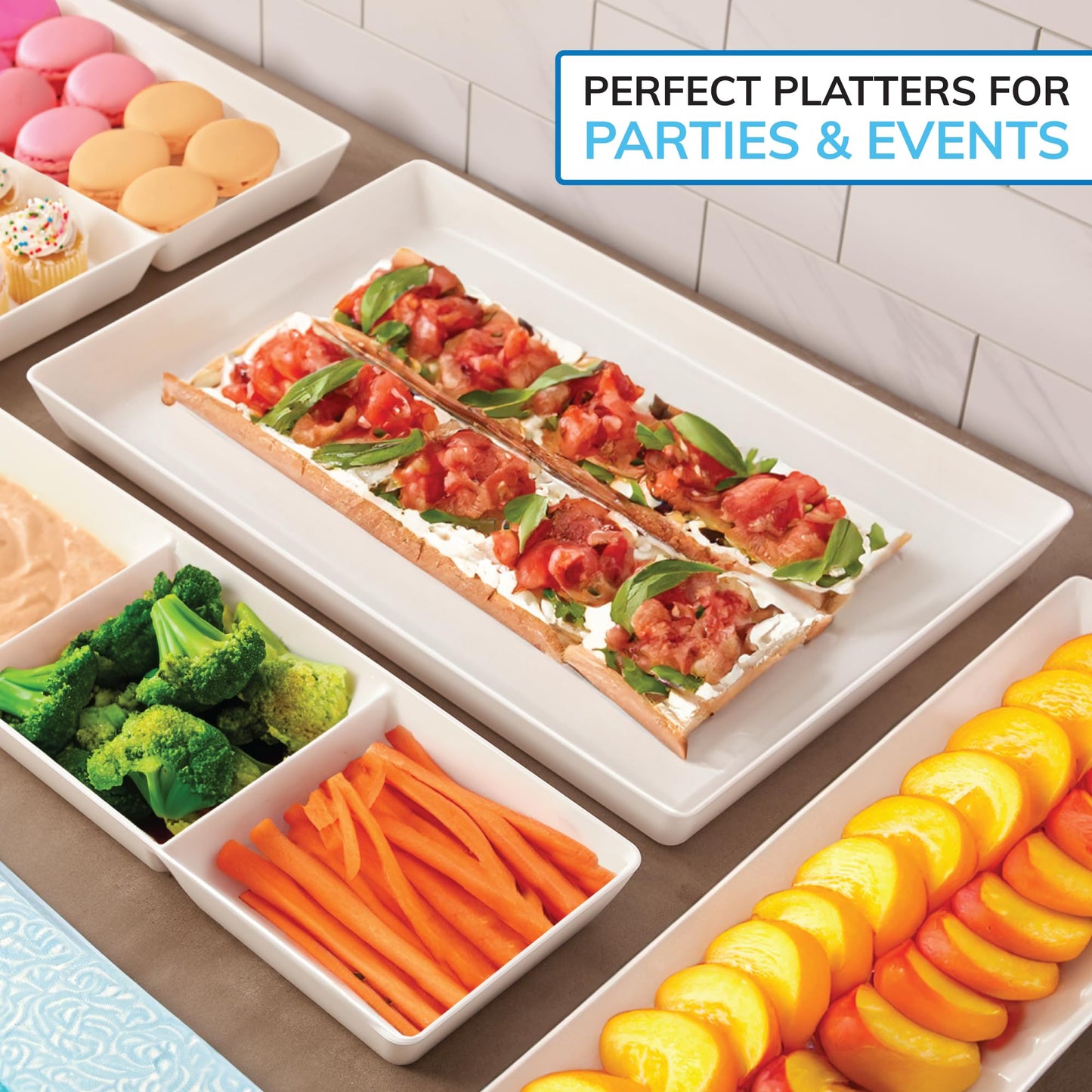 US Acrylic Avant White Plastic Serving Trays (Set of 3) 15” x 10” | Large Reusable Rectangular Party Platters | Serve Appetizers, Fruit, Veggies, & Desserts | BPA-Free & Made in USA