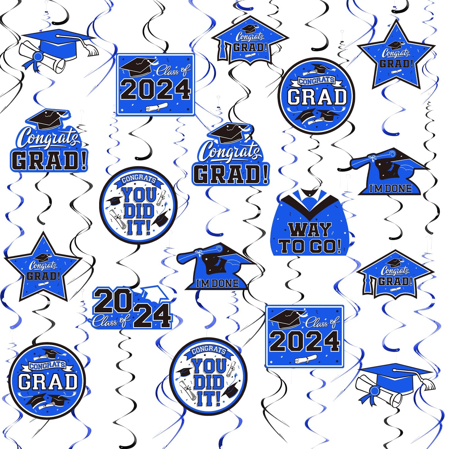 31 Pieces Graduation Decorations Class of 2024, Graduation Hanging Swirl Congrats Grad and Graduation Party Decorations(Blue, Black)