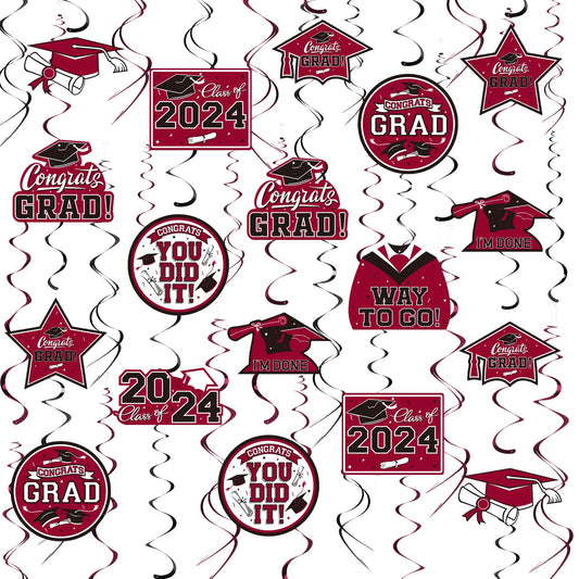 Gatherfun 31 Pieces Graduation Decorations Class of 2024, Graduation Hanging Swirl Congrats Grad and Graduation Party Decorations(Maroon, Black)