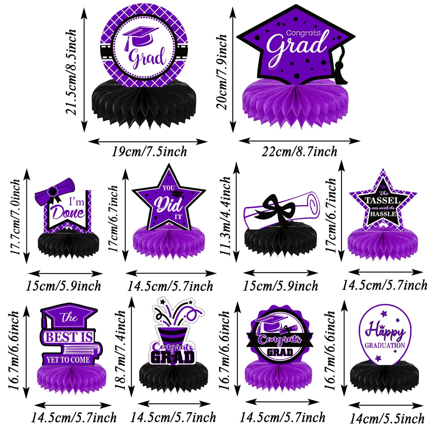 10PCS Class of 2023 Graduation Party Decorations 2023 Congrats Grad Honeycomb Centerpieces Congratulate Graduation Table Toppers for Graduation Party Favor Supplies(Black Purple)