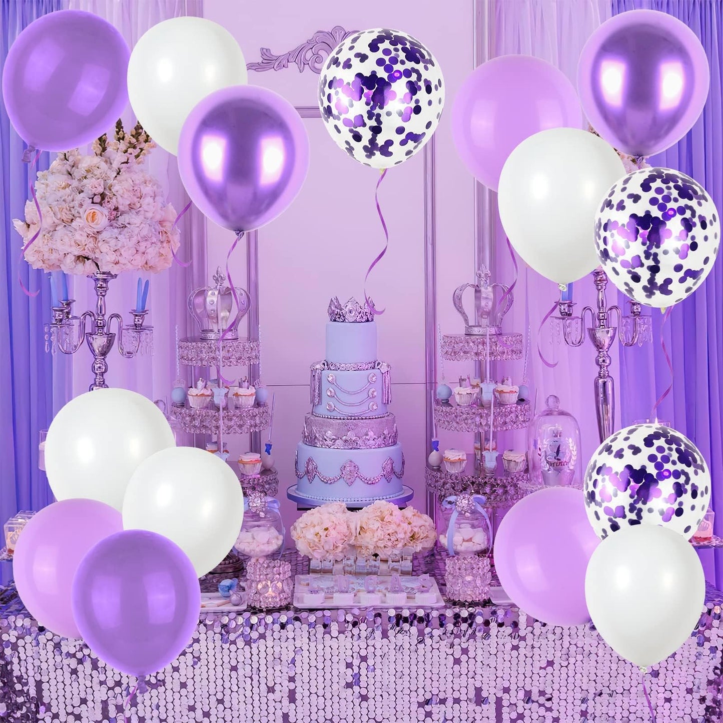 Purple and White Balloons, 50pcs 12 Inch Purple Balloons Metallic Purple Balloons Confetti Purple White Balloons for Purple Decorations, Birthday Shower Princess Theme Party Decorations