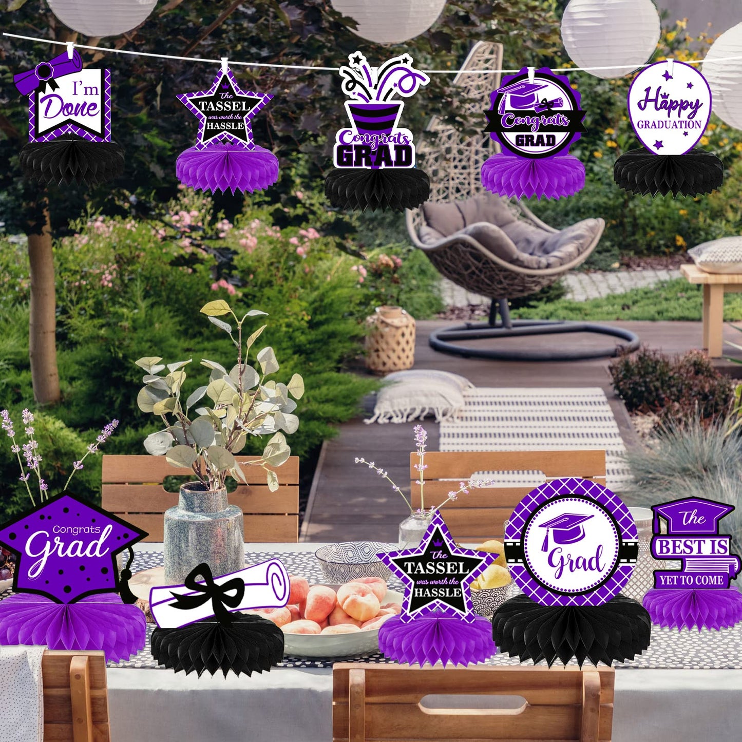 10PCS Class of 2023 Graduation Party Decorations 2023 Congrats Grad Honeycomb Centerpieces Congratulate Graduation Table Toppers for Graduation Party Favor Supplies(Black Purple)