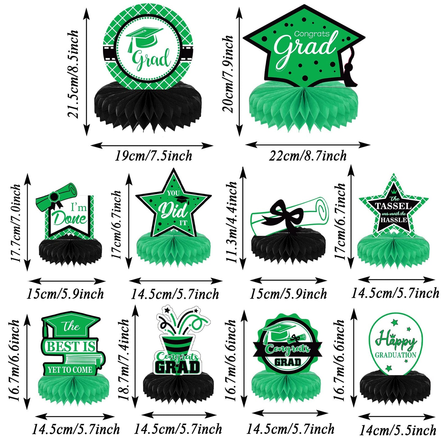 10PCS Class of 2023 Graduation Party Decorations 2023 Congrats Grad Honeycomb Centerpieces Congratulate Graduation Table Toppers for Graduation Party Favor Supplies(Black Green)