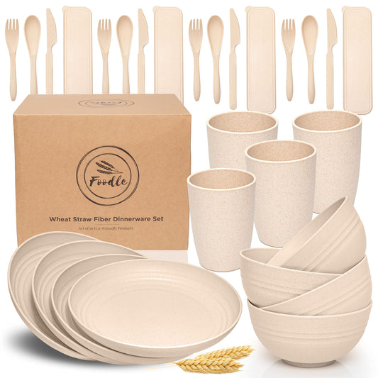 FOODLE Wheat Straw Dinnerware Sets for 4 - Lightweight & Unbreakable Dishes - Microwave & Dishwasher Safe - Perfect for Camping, Picnic, RV, Dorm - Plates, Cups and Bowls - Great for Kids & Adults