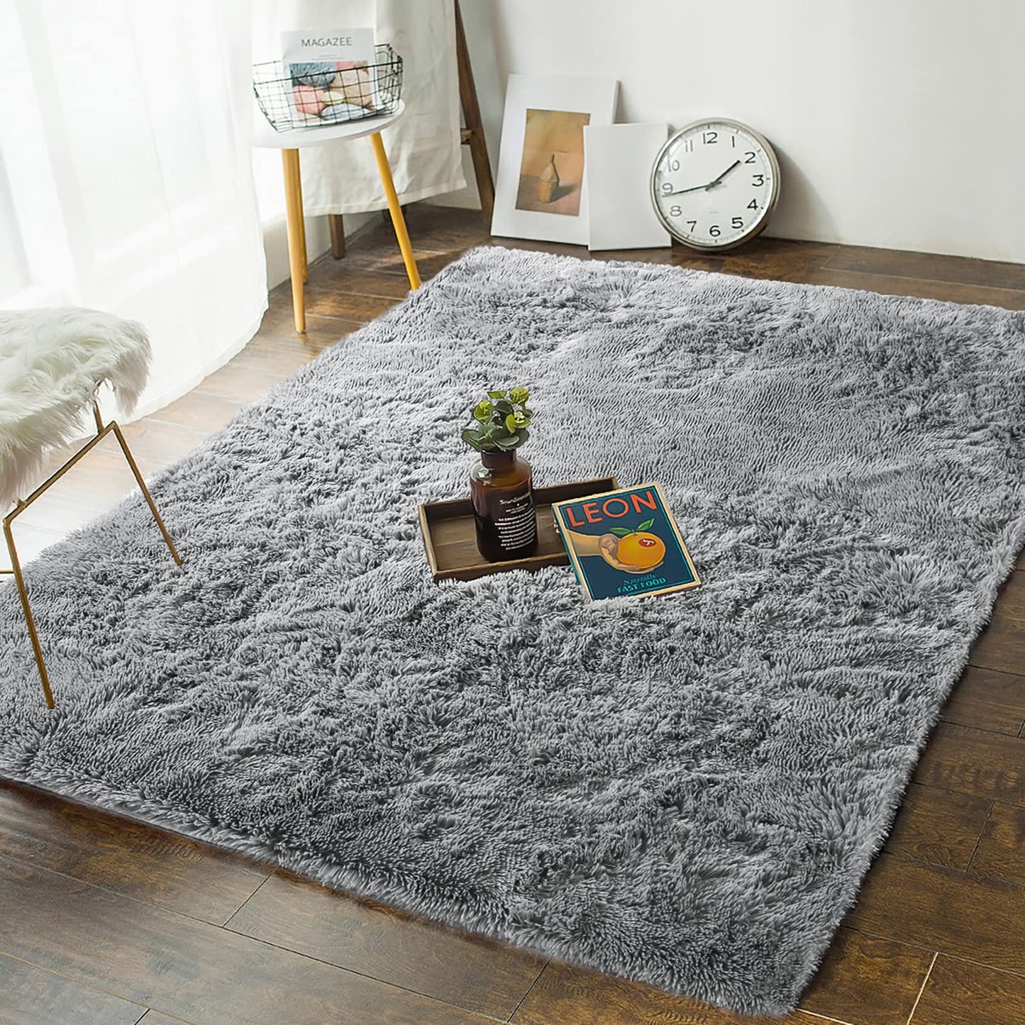 Andecor Soft Fluffy Bedroom Rugs, 4 x 6 Feet Indoor Shaggy Plush Area Rug for Boys Girls Kids Baby College Dorm Living Room Home Decor Floor Carpet, Grey