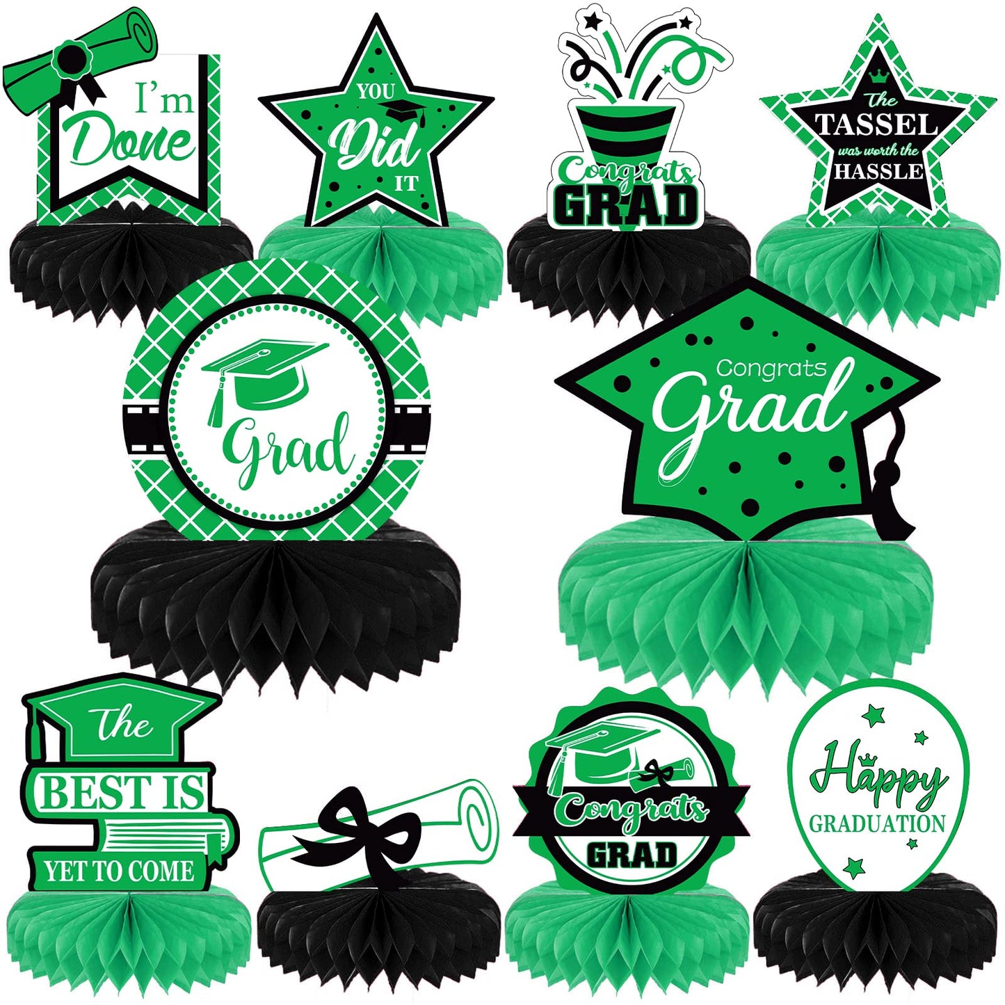 10PCS Class of 2023 Graduation Party Decorations 2023 Congrats Grad Honeycomb Centerpieces Congratulate Graduation Table Toppers for Graduation Party Favor Supplies(Black Green)