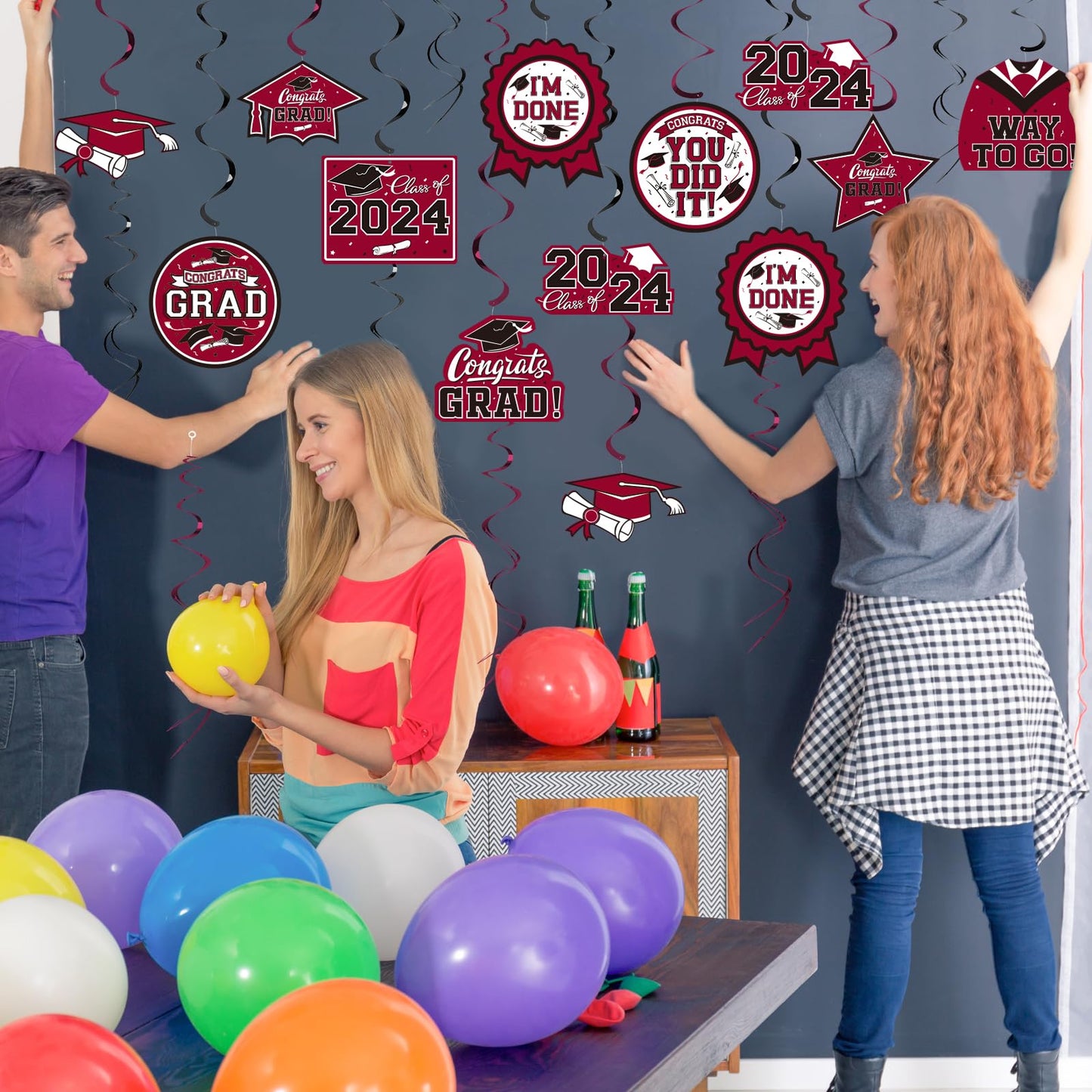 Gatherfun 31 Pieces Graduation Decorations Class of 2024, Graduation Hanging Swirl Congrats Grad and Graduation Party Decorations(Maroon, Black)