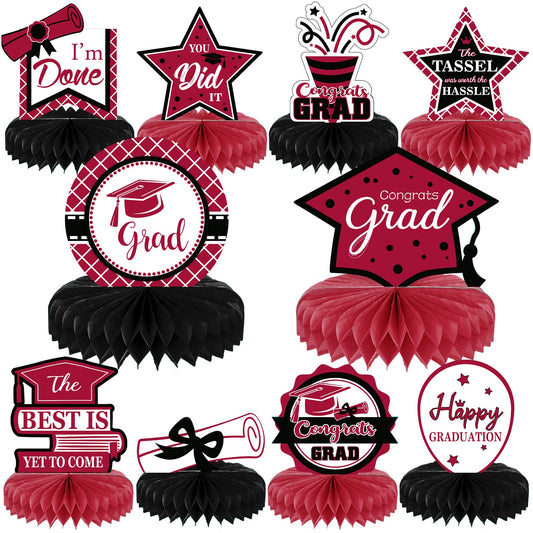 10PCS Class of 2023 Graduation Party Decorations 2023 Congrats Grad Honeycomb Centerpieces Congratulate Graduation Table Toppers for Graduation Party Favor Supplies(Black Maroon)