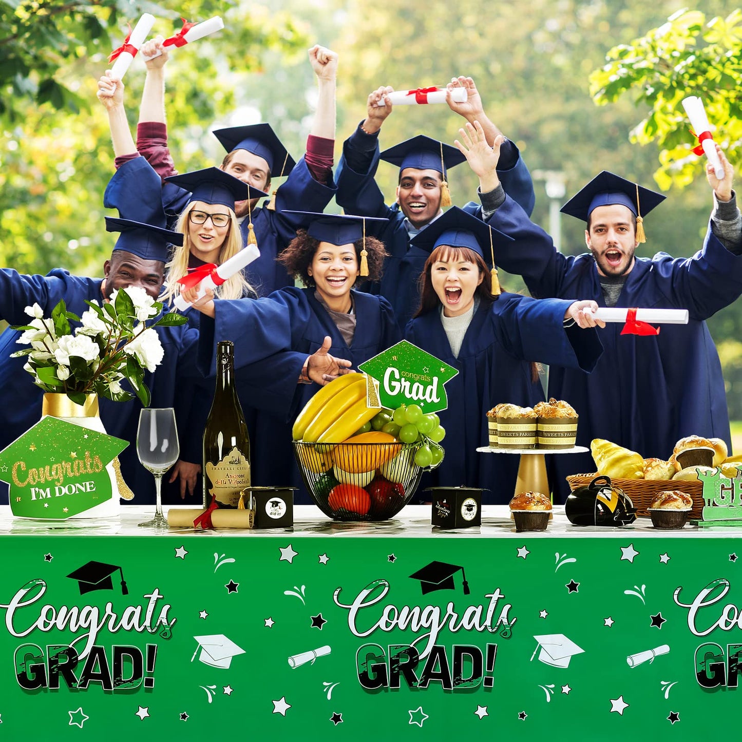 3 Pack Graduation Party Tablecloth Congrats Class of 2022 Graduation Table Covers Grad Cap Table Cloth Rectangle Plastic Tablecloth for Grad Party Decorations and Supplies, 54 x 108 Inch (Green)