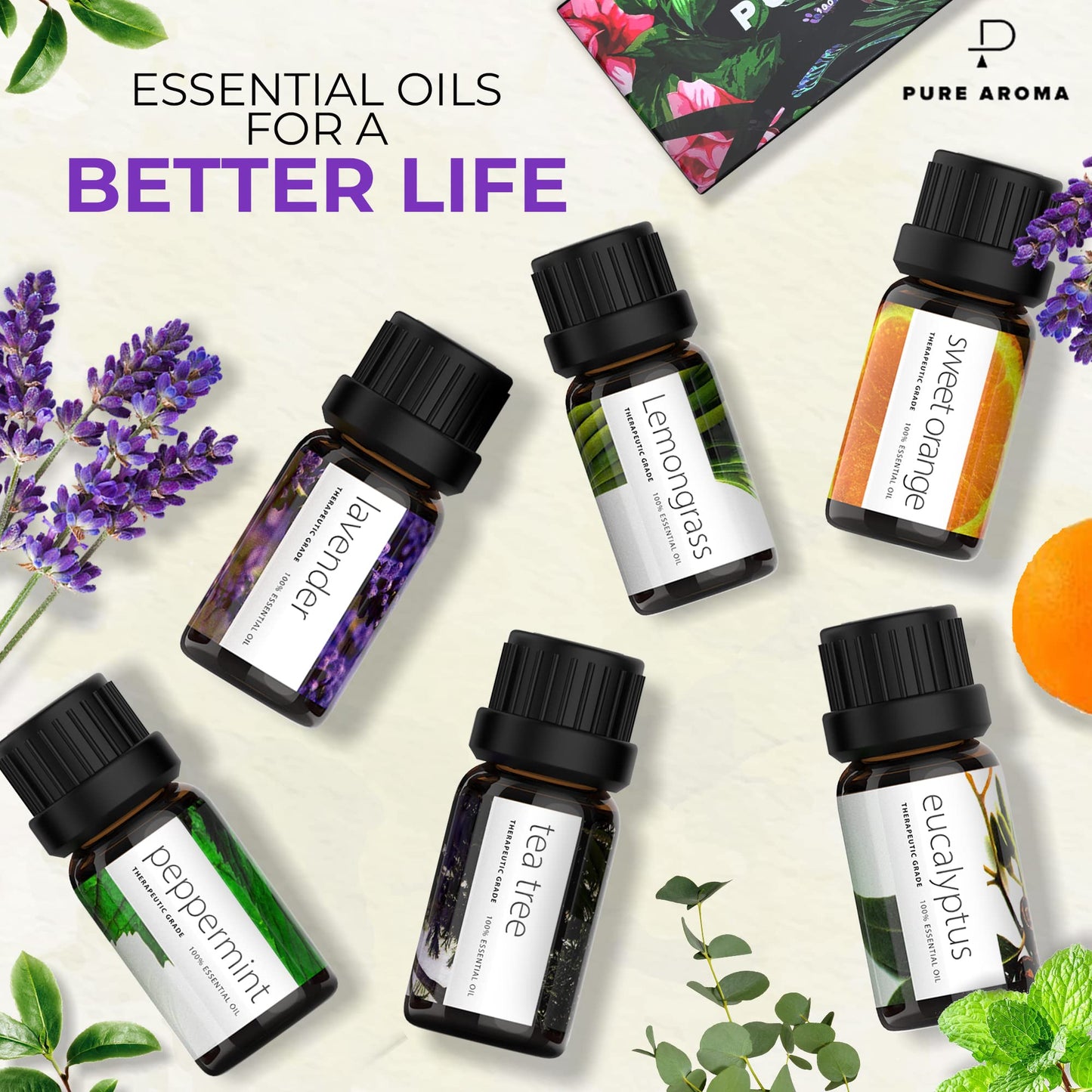 Essential Oils by PURE AROMA 100% Pure Oils kit- Top 6 Aromatherapy Oils Gift Set-6 Pack, 10ML(Eucalyptus, Lavender, Lemon Grass, Orange, Peppermint, Tea Tree)