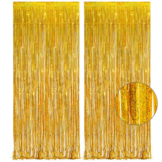 Gold Fringe Curtain Tinsel Backdrop - GREATRIL Foil Fringe Curtain Party Streamers for Birthdays Christmas Theme Party Decorations Pack of 2